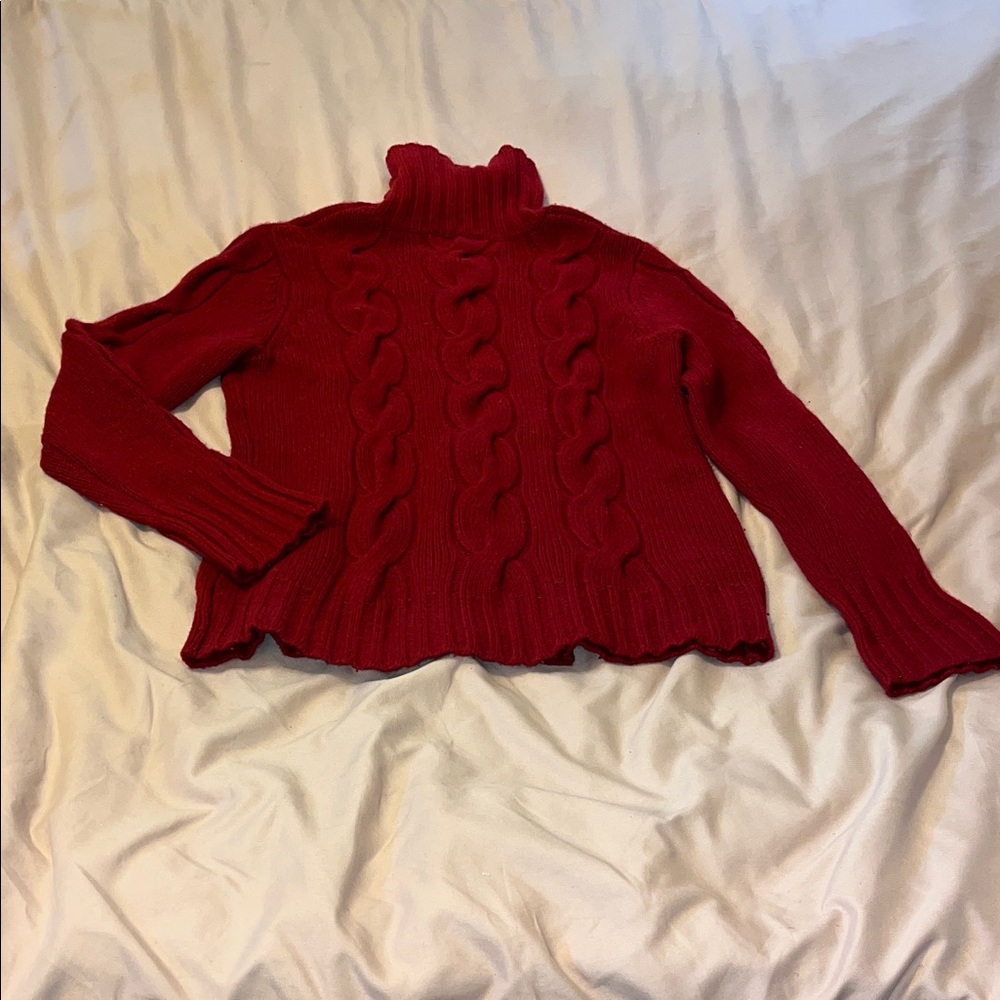 Chelsea & Theodore Deep Red Cable Knit Turtleneck Sweater wool & cashmere